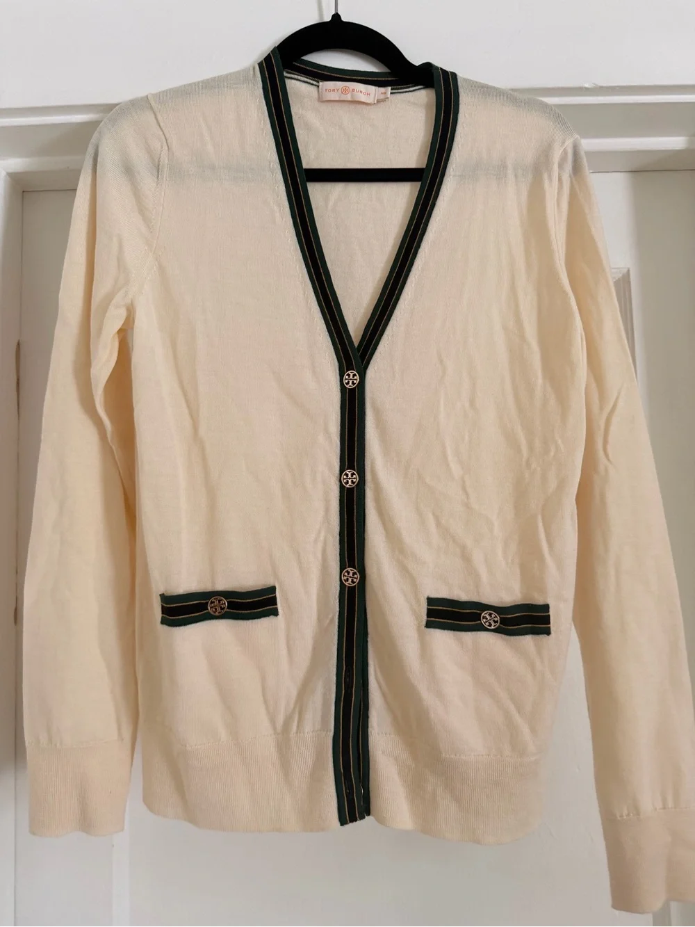 Tory Burch Cream V-Neck Cardigan Sweater with Green Trim